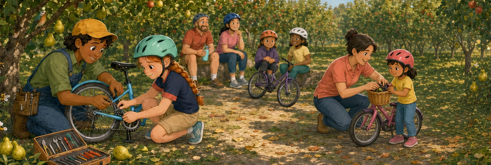 Illustrated scene 2 from Bikes Through the Orchard